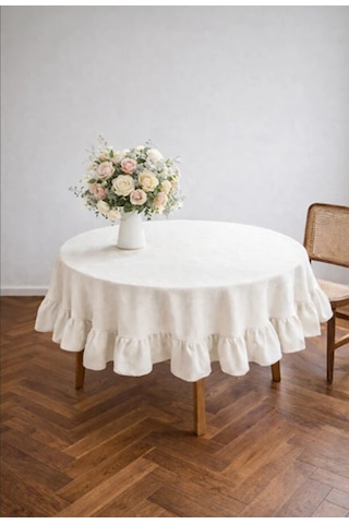 Fırfırlı Natürel Ham Keten Yuvarlak Masa Örtüsü 140x140 Cm Bej