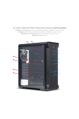 Dark Guardian 4X12Cm Dual Rgb Fan Usb3.0 T-Glass Atx Oyuncu Kasas