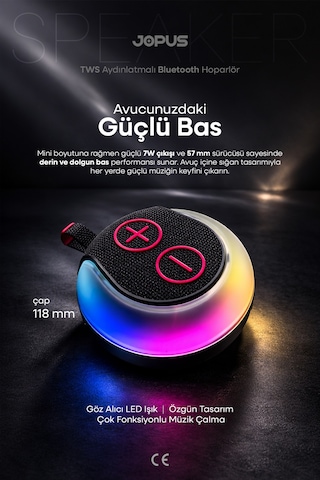 Jopus Rgb Led Işıklı Askı Kayışlı Ipx5 Bluetooth Hoparlör 7w Güçlü Ses 1200 Mah, Usb Tf Destekli - S12