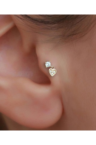 14 Ayar Altın Taşlı Kalp Sallantılı Tragus Piercing Sarı