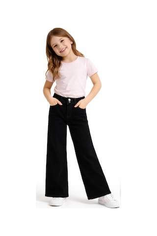 İrem Çocuk Giyim Kız Çocuk Geniş Paça Model Çift Düğme Detaylı Fermuar Kapamalı Eskitme Desenli Siyah Renk Kot Pantolon Siyah