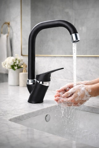 Köşe Borulu Siyah Banyo Lavabo Bataryası Musluğu Siyah