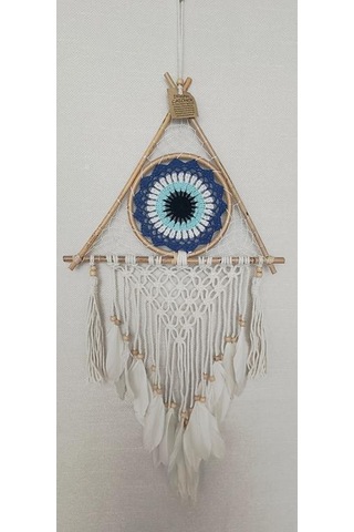 Düş Kapanı Üçgen Göz Makrome Dreamcatcher Bambu Nazarlı Beyaz Kuş Tüyü Rüya Kapanı Duvar Süsü Elişi