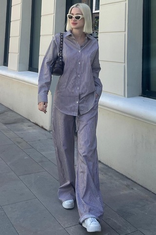 Madmext Bordo Uzun Kollu Çizgili Gömlek Pantolon İkili Takım Mg2124-bordo Bordo