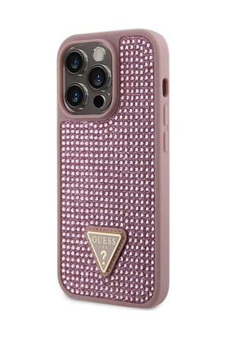 Apple Uyumlu iPhone 15 Pro Kılıf Guess Lisanslı Taşlı Arka Yüzey Üçgen Logolu Kapak Siyah