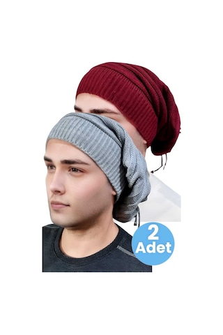 Tezzgelsin 2'li Erkek Kışlık Triko Örgü Bere Ve Boyunluk Bordo - Gri