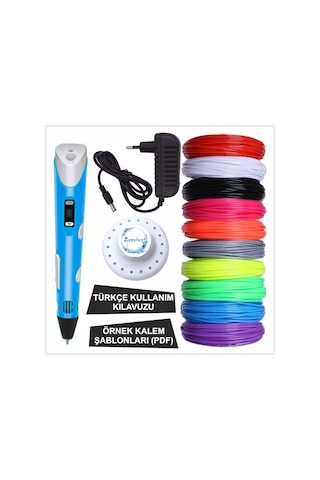 Mavi Renk 3d Kalem + 25 Renk Toplam 25 Metre Pla Filament + Şablon