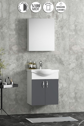 Yıldız 50 Cm Antrasit Gri Mdf Seramik Lavabolu Asma Banyo Dolabı Takım Beyaz-antrasit Gri Mat