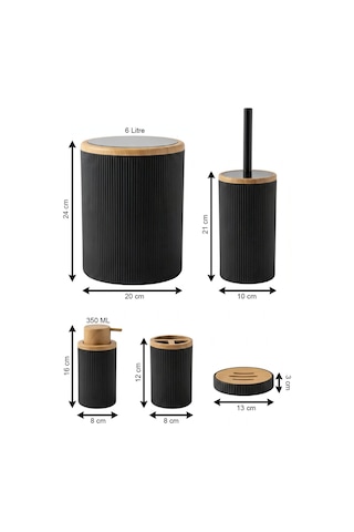 Makri Home 5 Parça Banyo Seti, Siyah Ahşap Desenli, Çöp Kovası, Fırçalık, Sıvı Sabunluk, Diş Fırçalık, Sabunluk