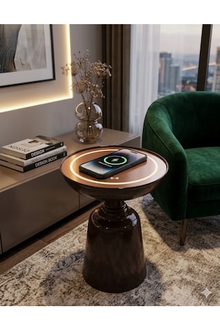 Missidea Aura Kablosuz Şarjlı Led Işıklı Akıllı Yan Sehpa Kahverengi