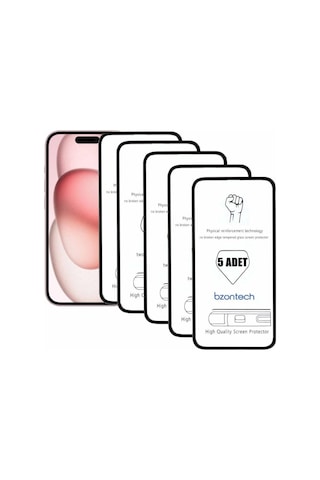 Bzontech Apple iPhone 15 Uyumlu İle Ekran Koruyucu Tam Kaplayan 5li Set