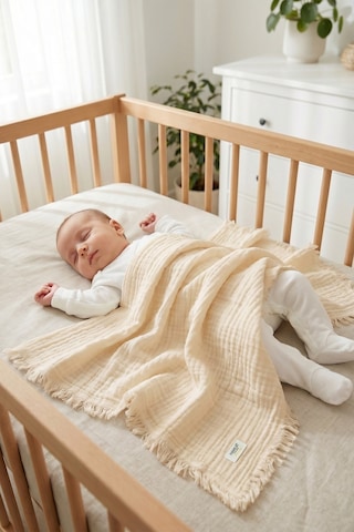4 Katlı Müslin Bebek Pikesi %100 Pamuk 85x100 Yenidoğan Bebek Arabası Puset Örtüsü Battaniye Ekru