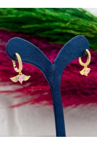925 Ayar Gümüş Gold Renk Kalpli Pembe Kuvars Taşlı Melek Kanadı Modeli Lüks Kadın Küpe Gümüş