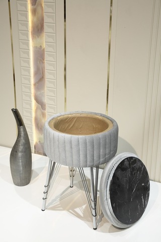 Bianco Metal Ayaklı Puflu Zigon Sehpa Krom Gümüş Gri Chrome Silver Gray