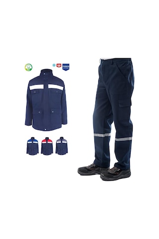 Kışlık İş Takımı Çok Cepli Reflektörlü Mont 4111 Ve 7/7 İş Pantolonu 2958 Lacivert Renk Yüzde Yüz Pamuk