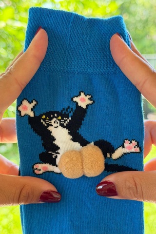 Lousocks Unisex Lacivert Sırtüstü Kedi Desenli Ponpon Soket Çorap