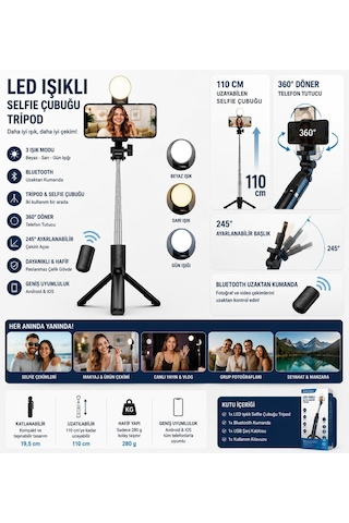 Lexroo Yolans G4 Led Işıklı Selfie Çubuğu Tripod, 113 Cm Uzayabilen Bluetooth Kumandalı Selfie Stick