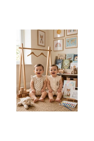 Bambino 2. Unez Kız Bebek Müslin Tulum Seti Fırfır Kollu Pamuklu Yazlık 2'li Takım Bej Bej