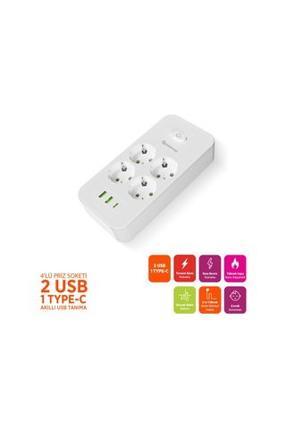 Polosmart Mp25 Akım Korumalı Uzatma Kablosu 4'lü Priz 2 Usb Type-c Pd 20w 2 Metre Beyaz 2 M