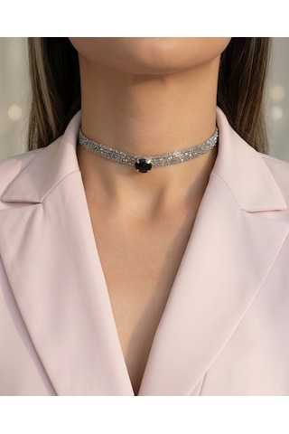 Kordon Zincir Örme Kristal Taşlı El Yapımı Choker Tasma Siyah Silver Renk Kolye