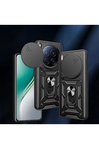 Tecno Camon 40 Premier 5g Kılıf Sürgülü Tank Zırh Yüzüklü Mıknatıslı Standlı Kapak S-vega Siyah