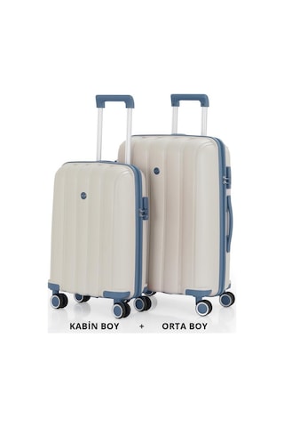 Mçs Bavul Orta Ve Kabin 2li Set Kırılmaz Silikon Valiz V305 Kemik/skyblue Kemik