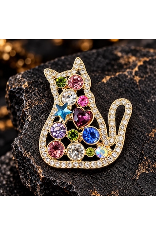 Cats & Meow Kedi Figürlü Renkli Kristal Taşlı Altın Renk Kadın Broş