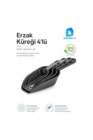 4'lü Erzak Küreği Seti Bakliyat Un Şeker Mama Ölçü Ve Aktarma Küreği Siyah Bpa İçermez