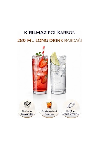 Polikarbon Kırılmaz 280 Ml Long Drink Bardağı Cam Görünümlü Şık Tasarım Şeffaf