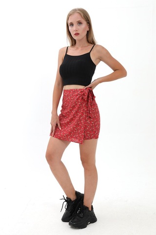 Çiçek Desenli Yandan Bağlamalı Etek - Kırmızı-kırmızı Kırmızı