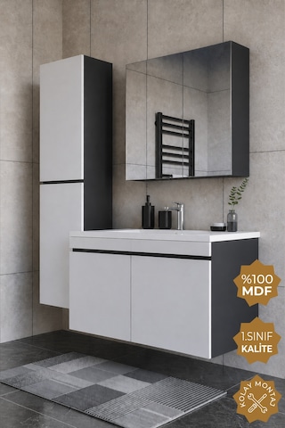 Teta Home Tokyo 100 Cm Mdf Banyo Dolabı Seti + Boy Dolabı Antrasit - Beyaz