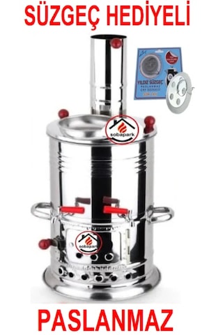 Çift Musluklu Odunlu Kömürlü Çay Semaveri Odunlu Kömürlü Paslanmaz Semaver 5 Litre