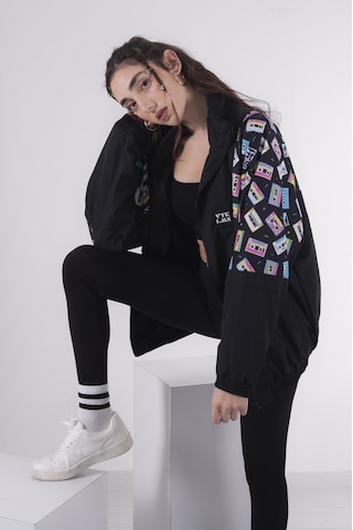 Erkek Kadın Siyah Beyaz Kaset Desenli Bomber Siyah