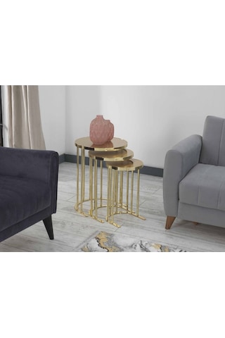 Premium Zigon Sehpa & Yan Sehpa 3'lü Yuvarlak Sehpa Hıgh Gloos Mdf Altın Yuvarlak