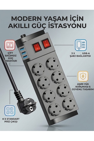 Termal Akım Korumalı 8 Li Uzatma Kablosu 3 X Usb 2 Mt 16 Amper