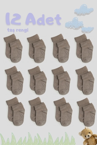 Cnt Erkek / Kız Bebek Kaydırmaz Taban Pamuklu Yumuşak Çorap 12 Li Paket Gri Gri
