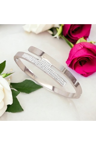 Şık Zirkon Taşlı Çelik Kelepçe Bileklik - Kararmaz Gümüş Kaplama Gümüş