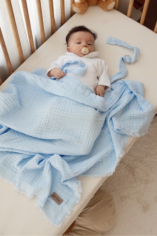 Zeypba %100 Pamuk 4 Katlı Müslin Emzirme Örtüsü & Puset Örtüsü Püsküllü 85x110 CM Bebe Mavi