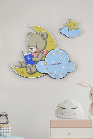 Sevimli Ay Ve Ayıcık Çocuk Odası Ahşap Duvar Saati Ahşap