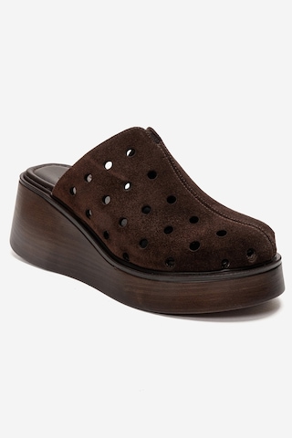 Luvishoes Nıves Kahverengi Süet Hakiki Deri Delikli Kadın Dolgu Topuklu Terlik Kahverengi