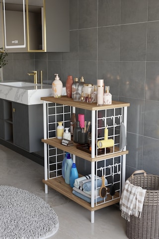 3 Raflı Çevir Tak Beyaz Telli Metal Gövdeli Çok Amaçlı Banyo Rafı Ve Organizer Raf Banyo Dolabı Atlantik Çam