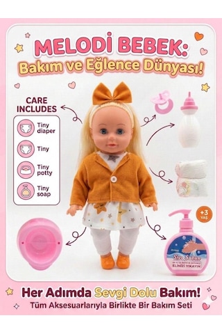 Mila Altını Islatan Konuşan 34 Cm Bebek Bakımı Eğitici Aksesuarlı Oyun Seti Turuncu