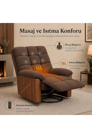 Smarto Relax Porto Tv Koltuğu Elektrikli Masajlı Isıtmalı Döner Sallanan Ahşap Yan Panelli Polyester Kumaş Baba Koltuğu Kahverengi