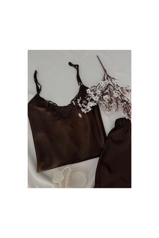 Mh Moony Homewears Kahverengi Lüks Saten Şortlu Pijama Takımı Kahverengi
