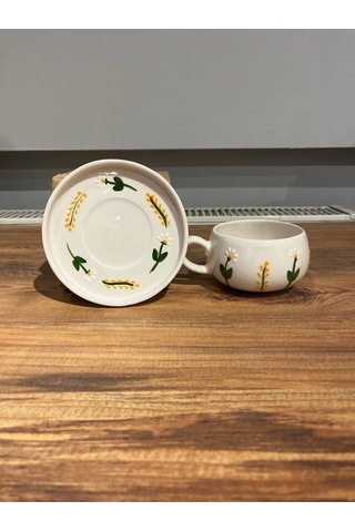 Dal Papatya Desenli Tabakl Seramik Kupa, Mug, Double Türk Kahvesi