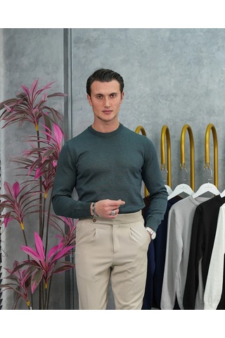 Modefendi Slim Fit Kalıp Pamuk Likra Sade Bisiklet Yaka Triko Kazak Yeşil