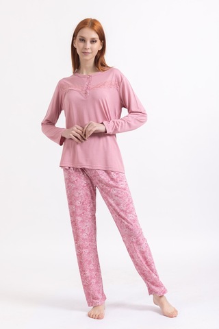 Kadın Dört Mevsim Dantel Desenli Melisa Kumaş Yüksek Kalite Yuvarlak Yaka Pijama Takımı 1361-Pudra