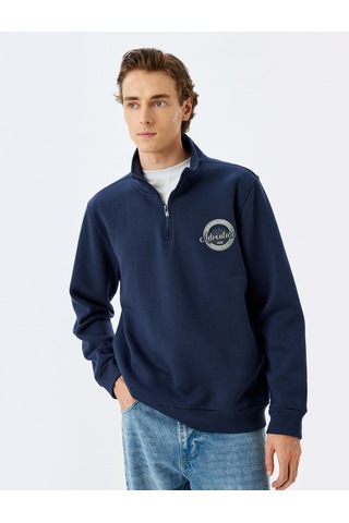 Koton Uzun Kollu Şardonlu Pamuklu Yarım Fermuarlı Baskılı Sweatshirt Lacivert 5wam70076mk Lacivert