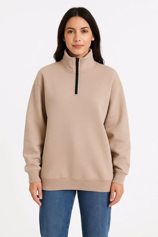Kadın 3 İplik Dık Yaka Yarım Fermuarlı Sweatshirt - Bej
