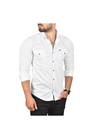 Deepsea Erkek Beyaz Slim Fit Pamuklu Cepli Kot Gömlek Çıtçıtlı Uzun Kollu Spor Gömlek 2502503 Beyaz